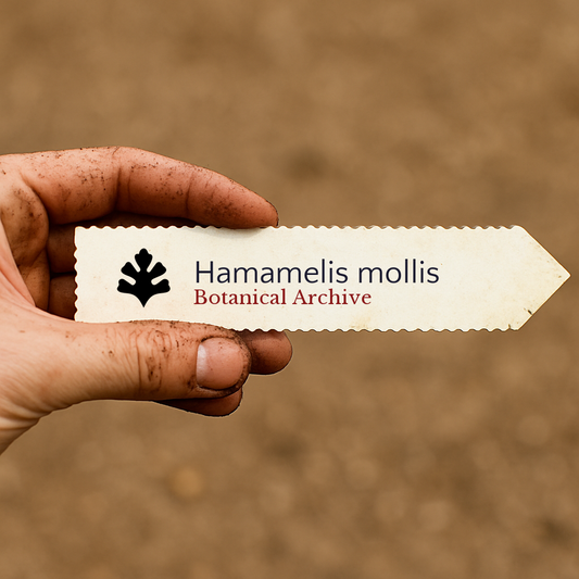 Printed plant label for Hamamelis mollis held by dirty hand over soil background
