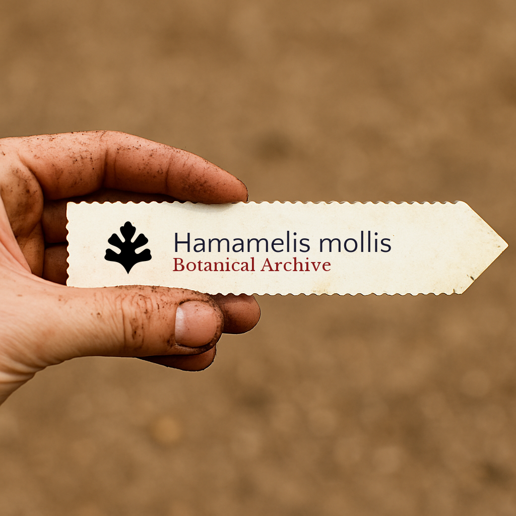 Printed plant label for Hamamelis mollis held by dirty hand against soil background