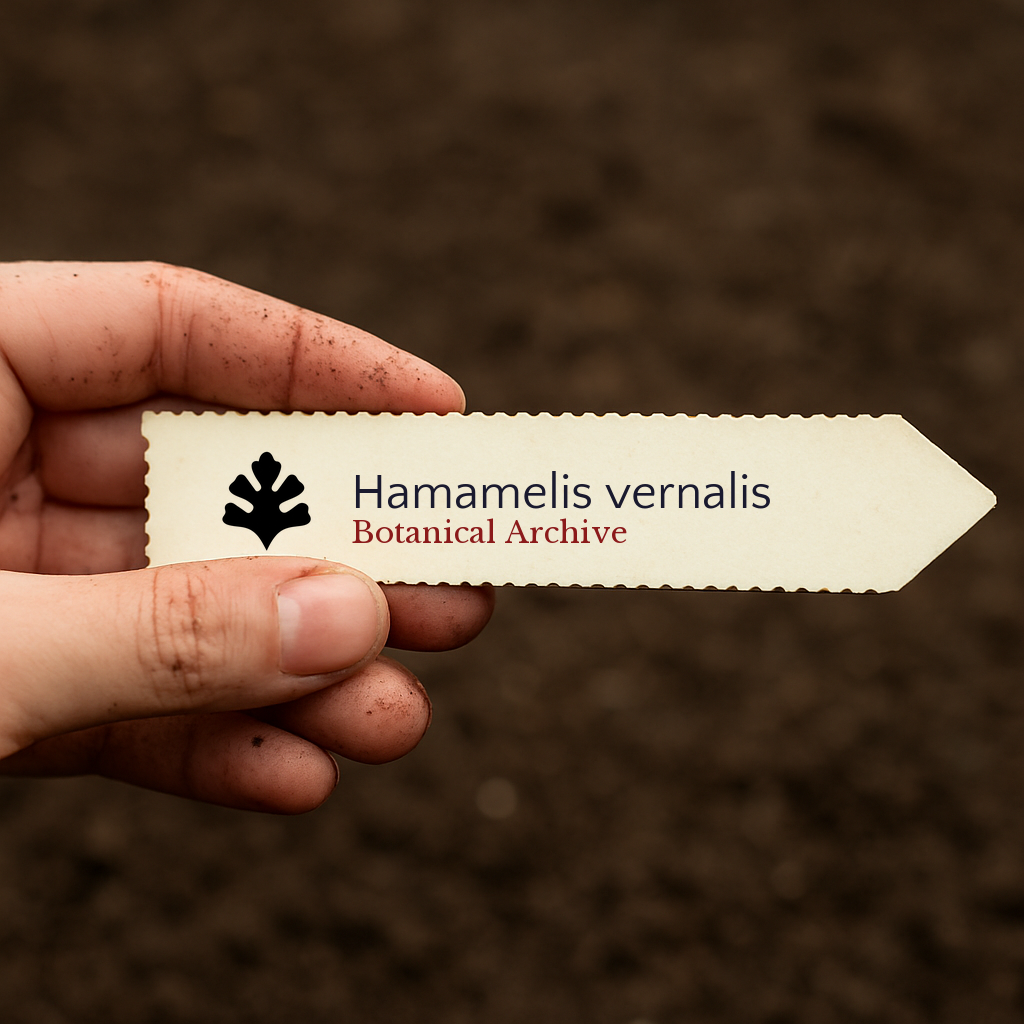 Printed plant label for Hamamelis vernalis with botanical archive logo held over soil background