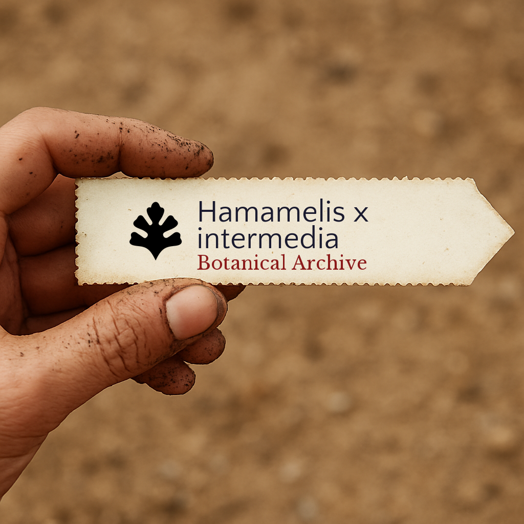 Printed plant label for Hamamelis x intermedia held by hand with soil background