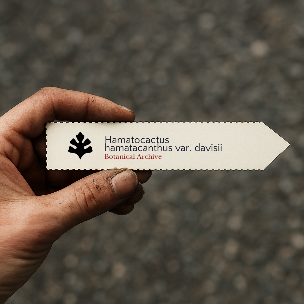 Printed plant label for Hamatocactus hamatacanthus var. davisii held by hand