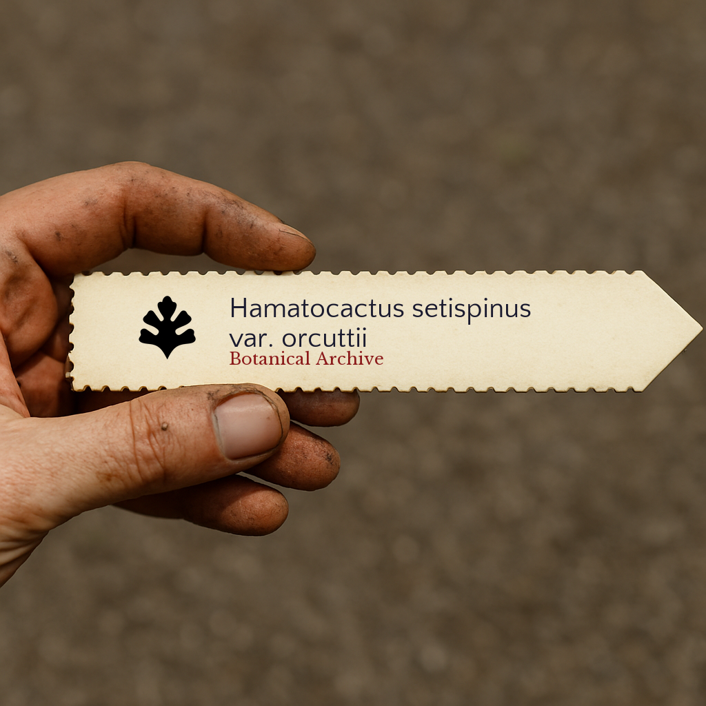 Etichetta stampata per pianta di Hamatocactus setispinus var. orcuttii tenuta da mano sporca