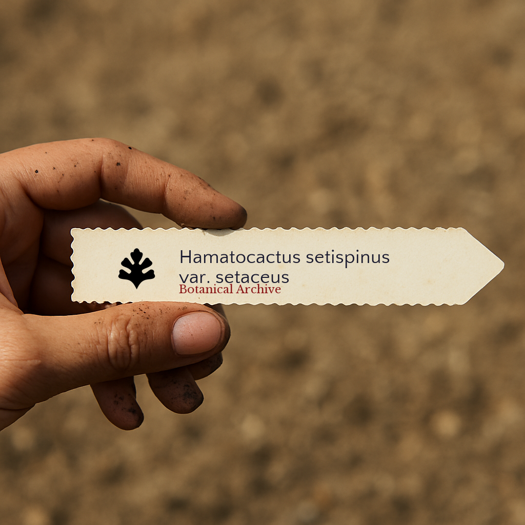 Etichetta per pianta stampata per Hamatocactus setispinus var. setaceus tenuta in mano con sfondo di terreno