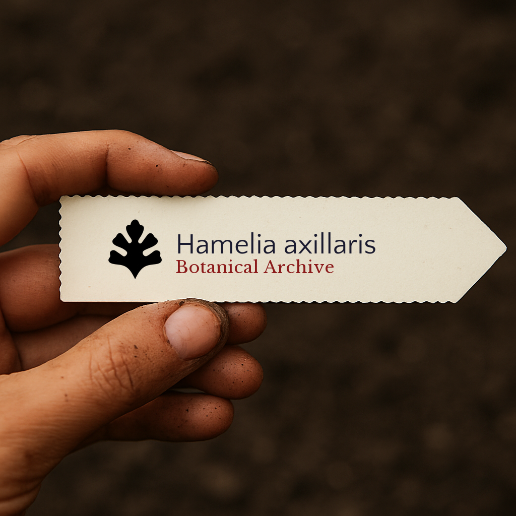 Etichetta per pianta stampata per Hamelia axillaris tenuta in mano con sfondo di terreno