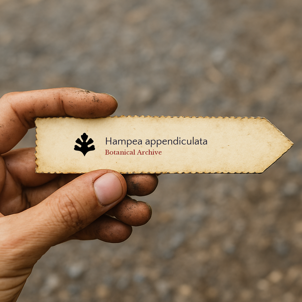 Printed plant label for Hampea appendiculata held by hand with dirt background