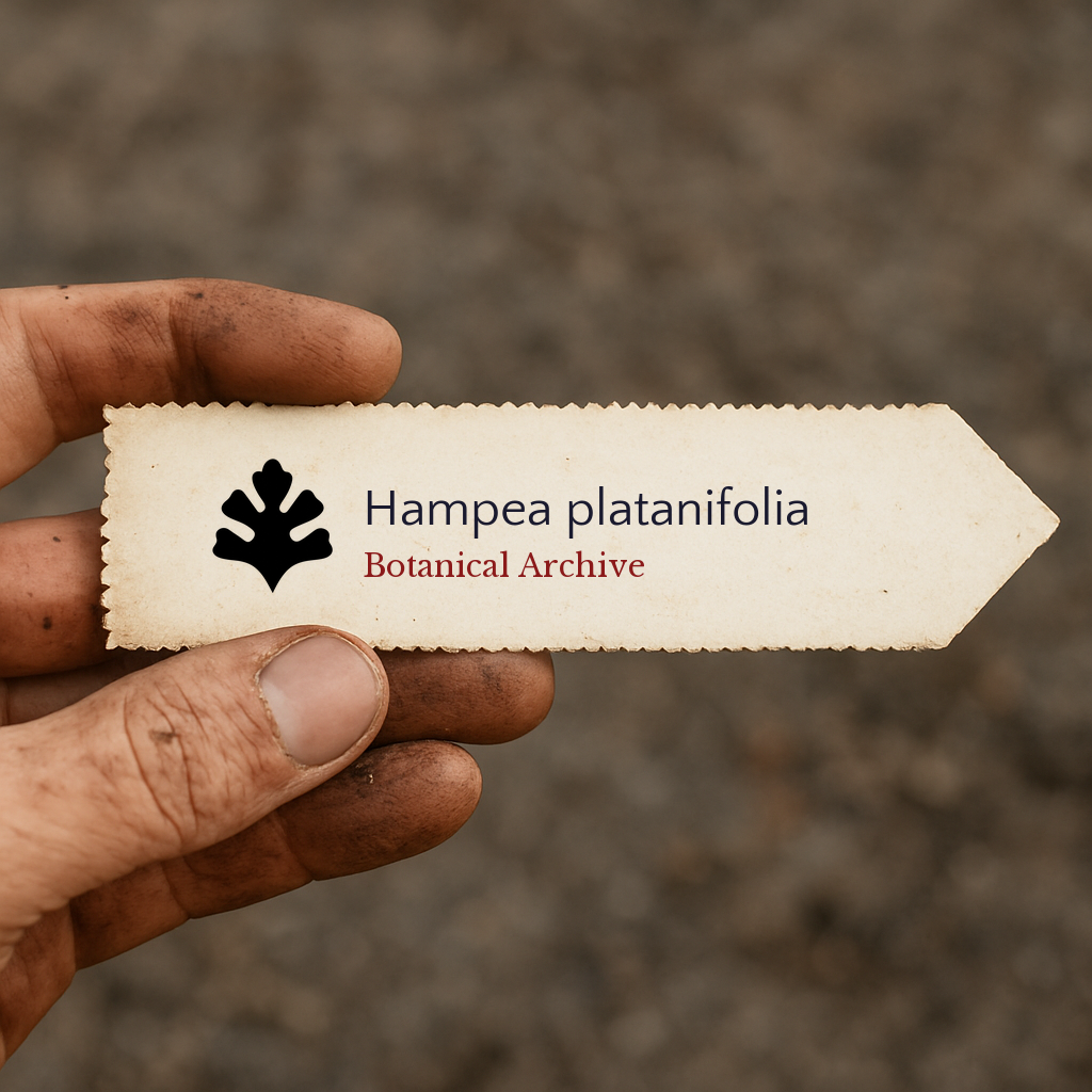 Etichetta stampata per pianta di Hampea platanifolia tenuta a mano con sfondo di terra
