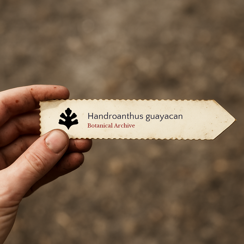 Etichetta stampata per pianta di Handroanthus guayacan con logo Botanical Archive tenuta a mano