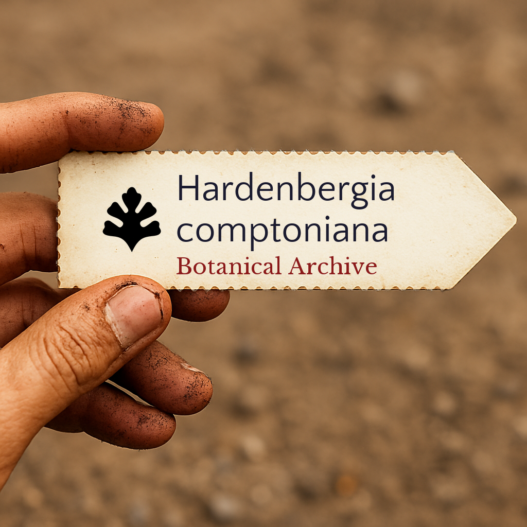 Printed plant label for Hardenbergia comptoniana held by dirty hand outdoors