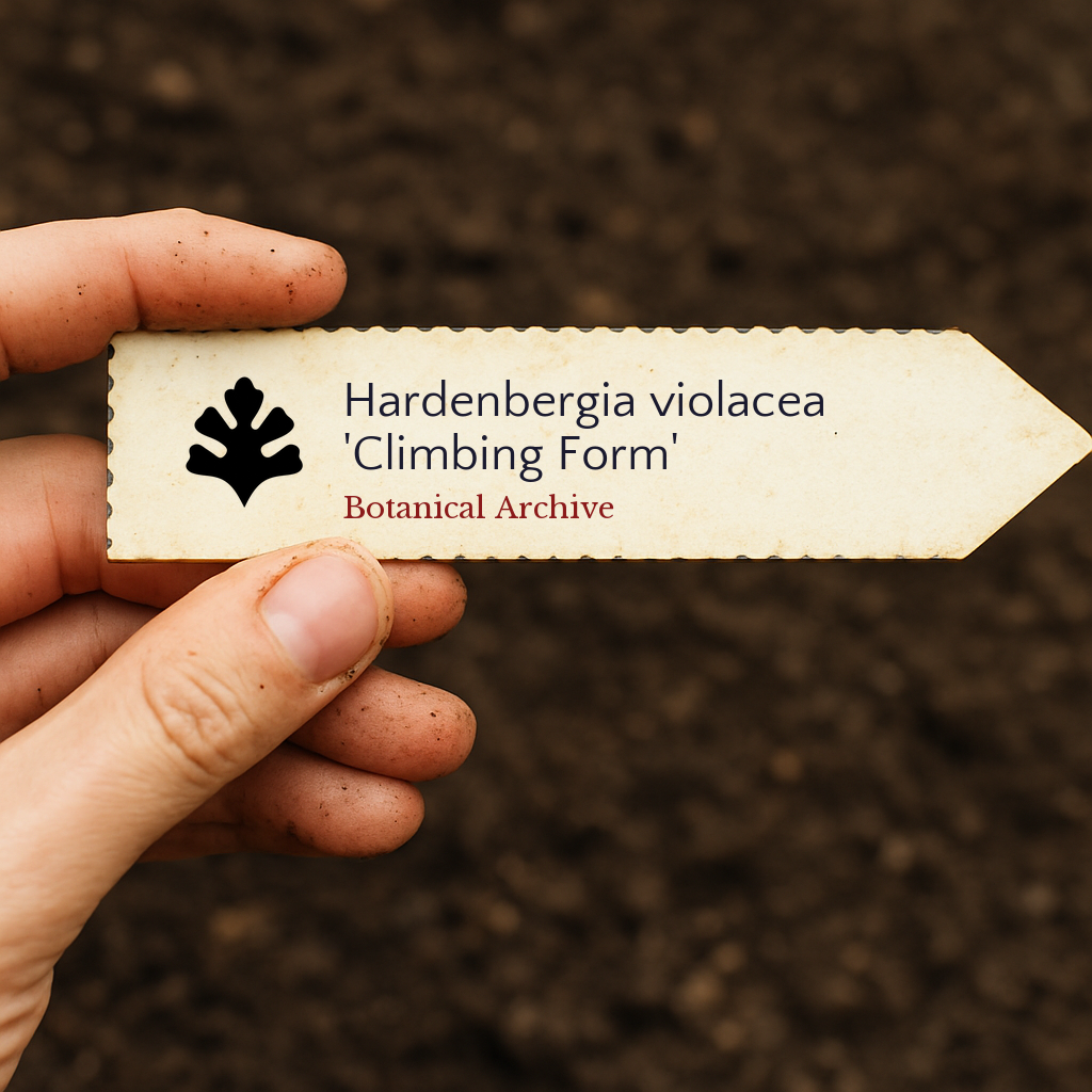 Etichetta per pianta stampata per Hardenbergia violacea 'Climbing Form' su sfondo di terreno