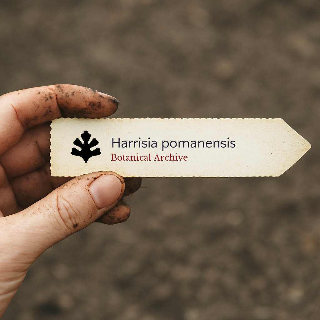 Printed plant label for Harrisia pomanensis with botanical archive logo held by dirty hand