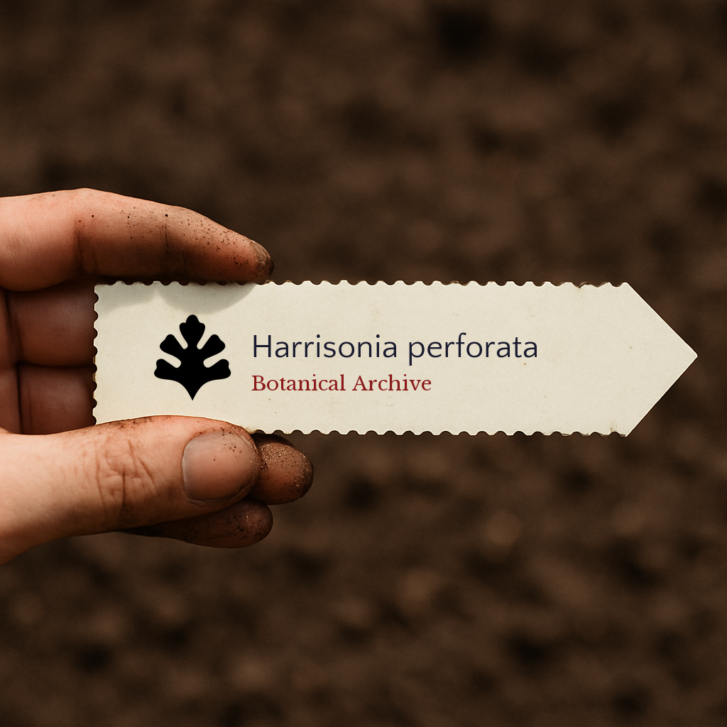 Etichetta stampata per pianta di Harrisonia perforata con logo Botanical Archive tenuta a mano