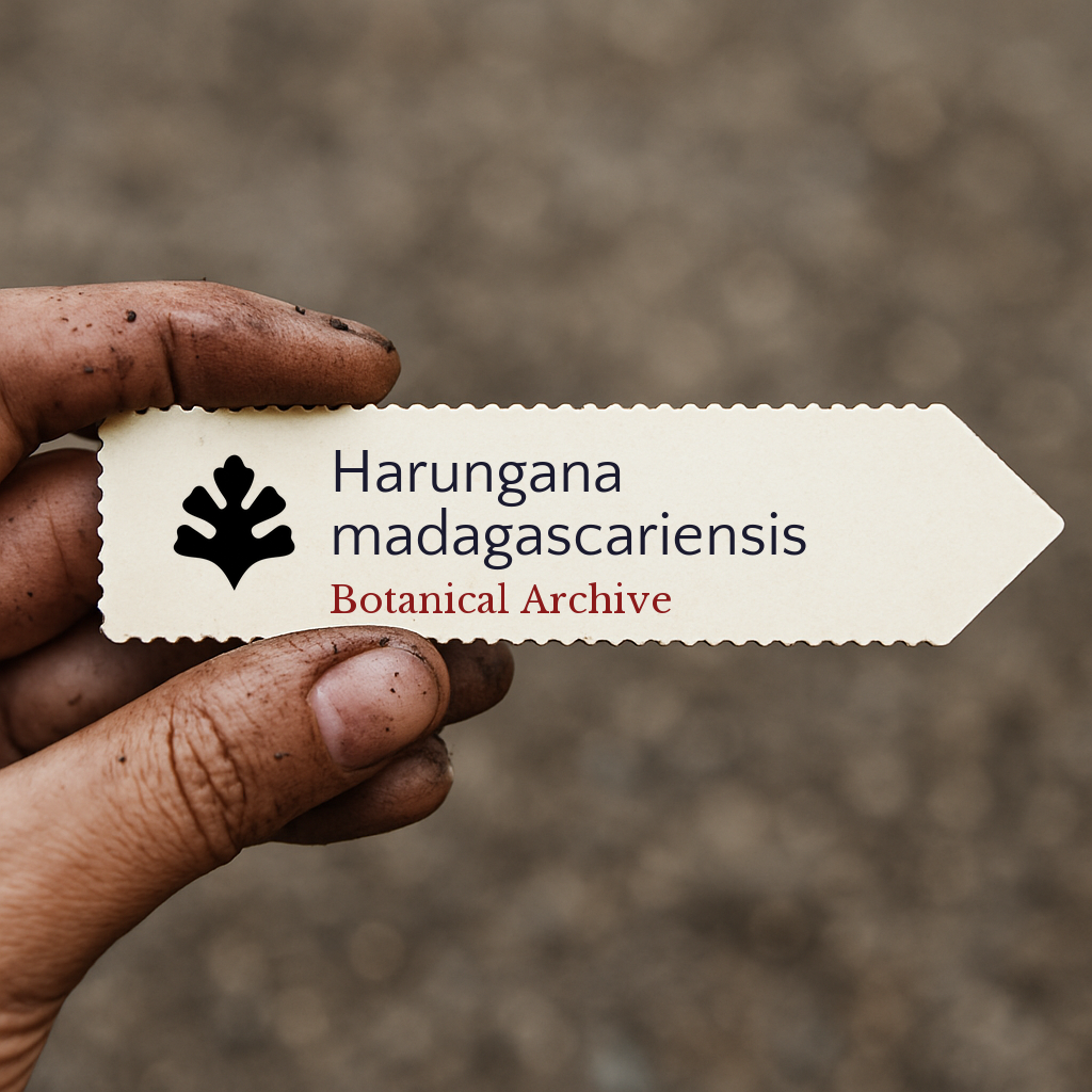 Printed plant label for Harungana madagascariensis held by dirty hand outdoors