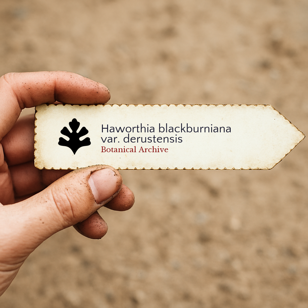 Printed plant label for Haworthia blackburniana var. derustensis held in hand over soil background