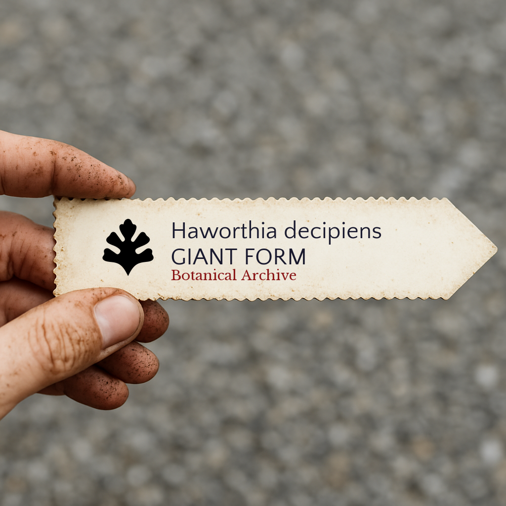 Etichetta per pianta stampata per Haworthia decipiens tenuta in mano con sfondo di terra