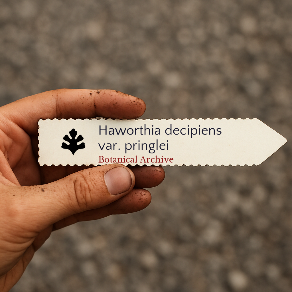 Printed plant label for Haworthia decipiens var. pringlei held in hand with soil-stained fingers
