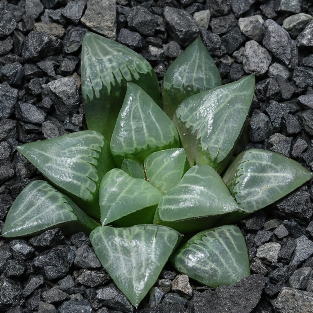 Haworthia bayeri x mutica succulent with translucent, triangular fleshy leaves on dark gravel