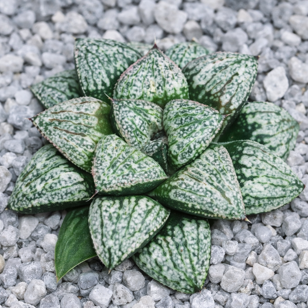 Haworthia emelyae var. picta succulent with triangular green leaves and white speckled patterns