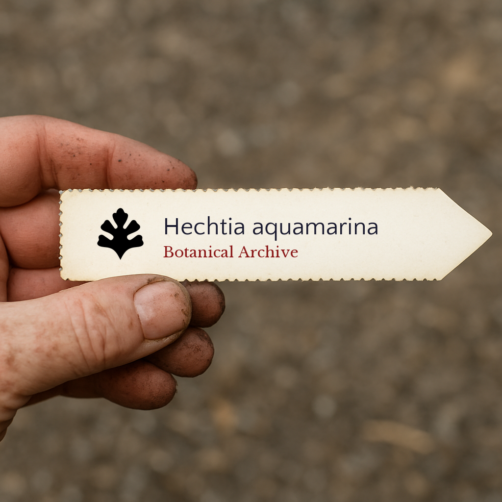 Printed plant label for Hechtia aquamarina held by hand with soil background
