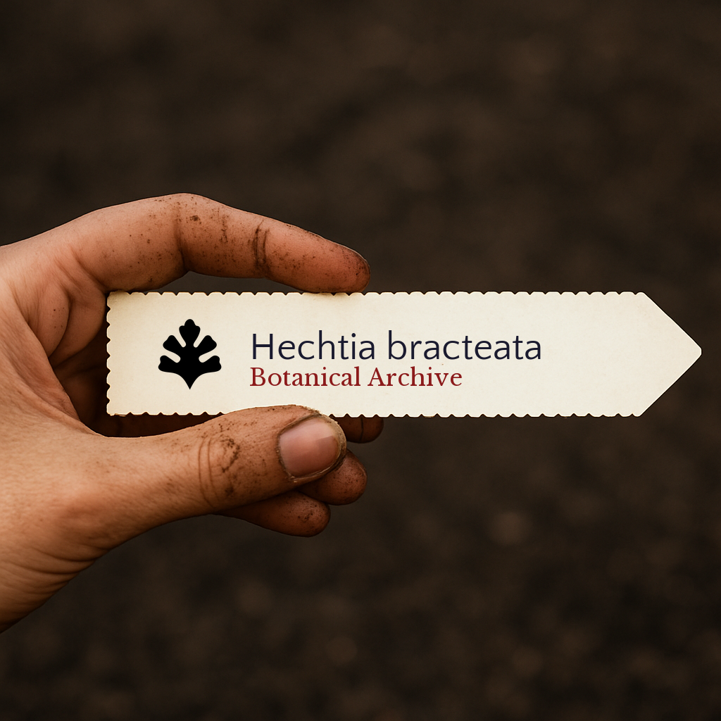 Etichetta stampata per pianta di Hechtia bracteata tenuta da mano sporca su sfondo di terreno