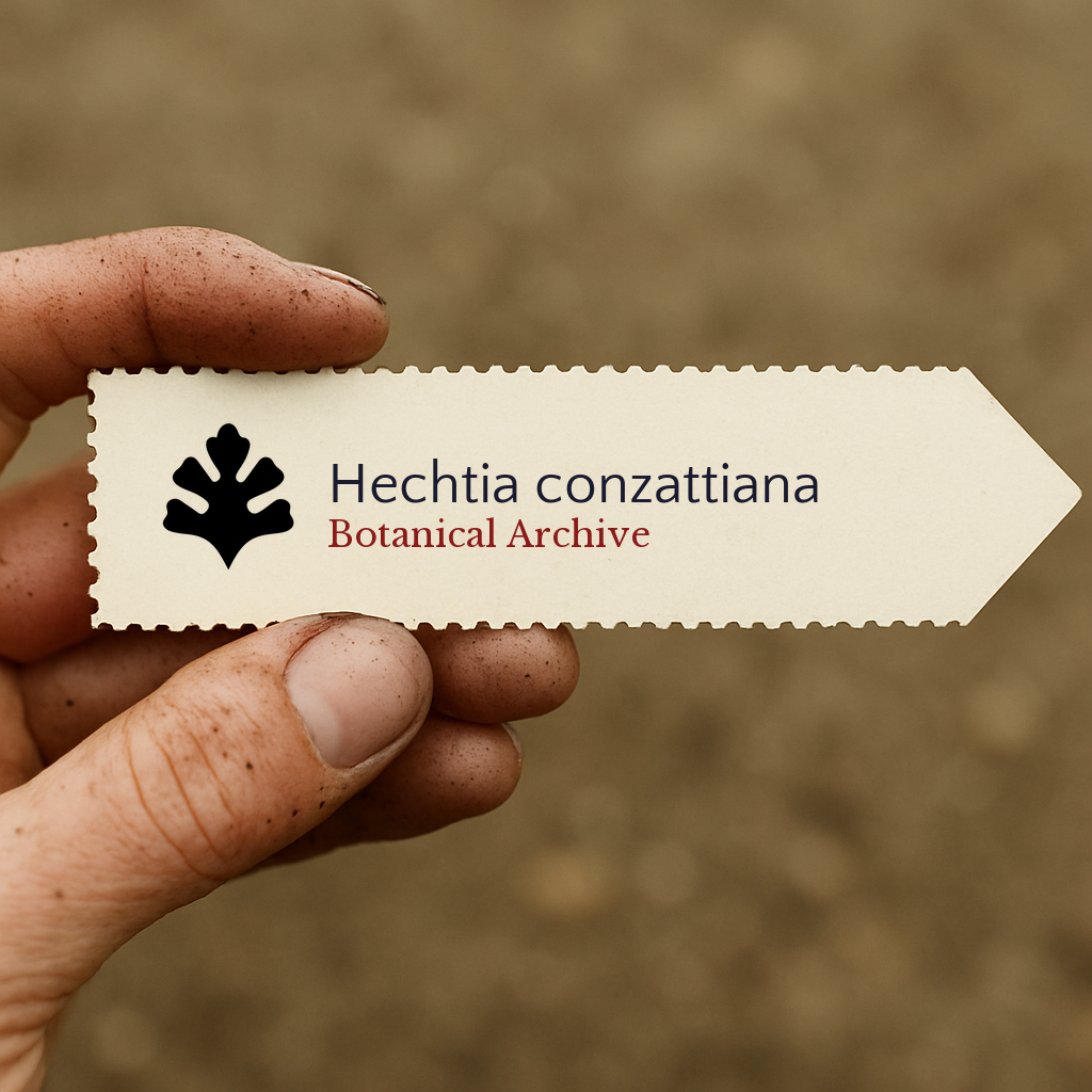 Etichetta piantina stampata per Hechtia conzattiana con il logo di Botanical Archive tenuta a mano