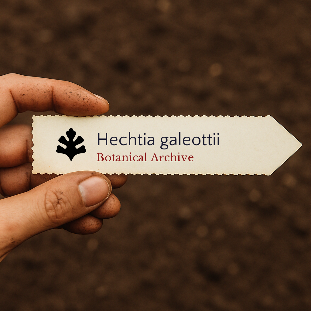 Printed plant label for Hechtia galeottii held over soil background