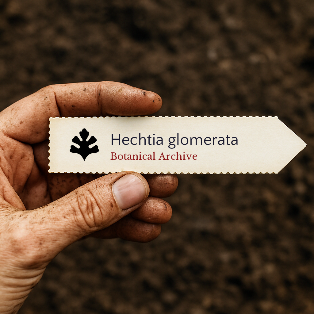 Printed plant label for Hechtia glomerata held by dirty hand against soil background