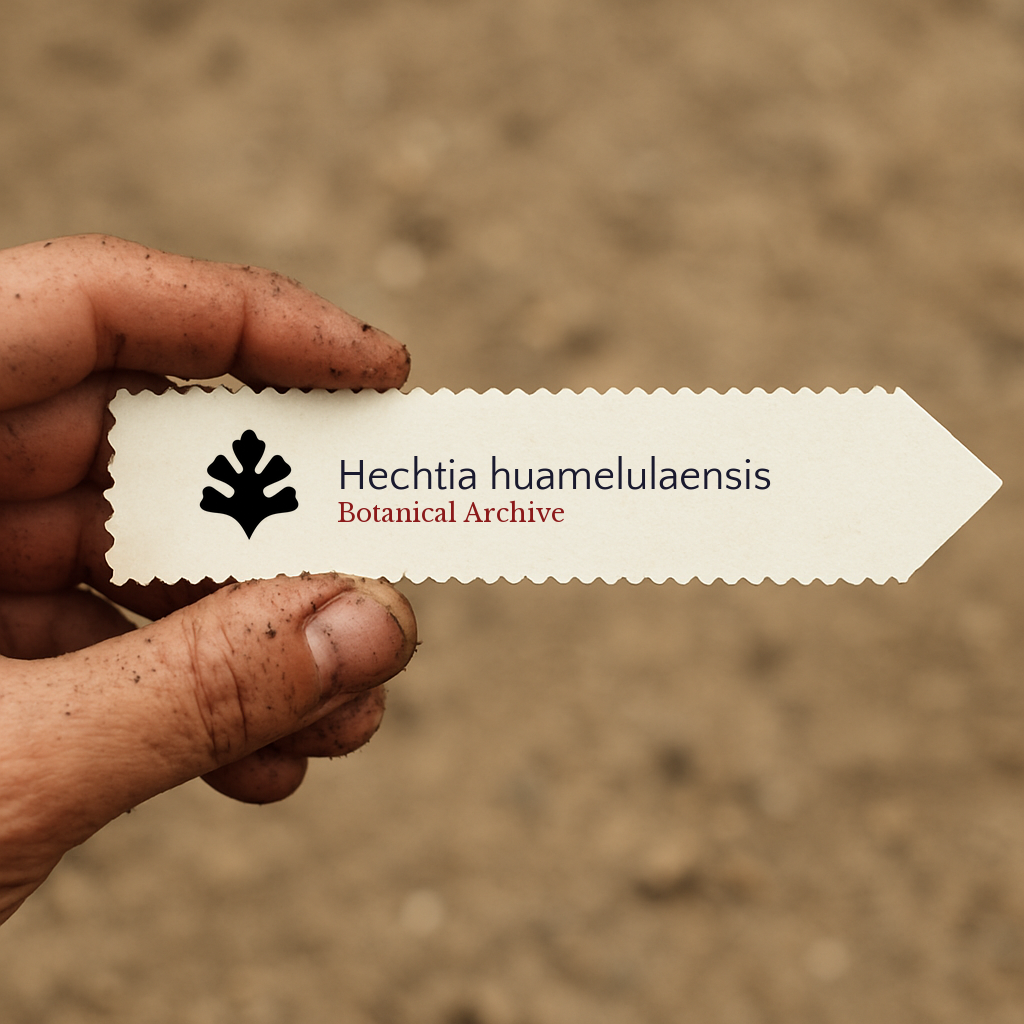 Printed plant label for Hechtia huamelulaensis held by dirty hand with soil background