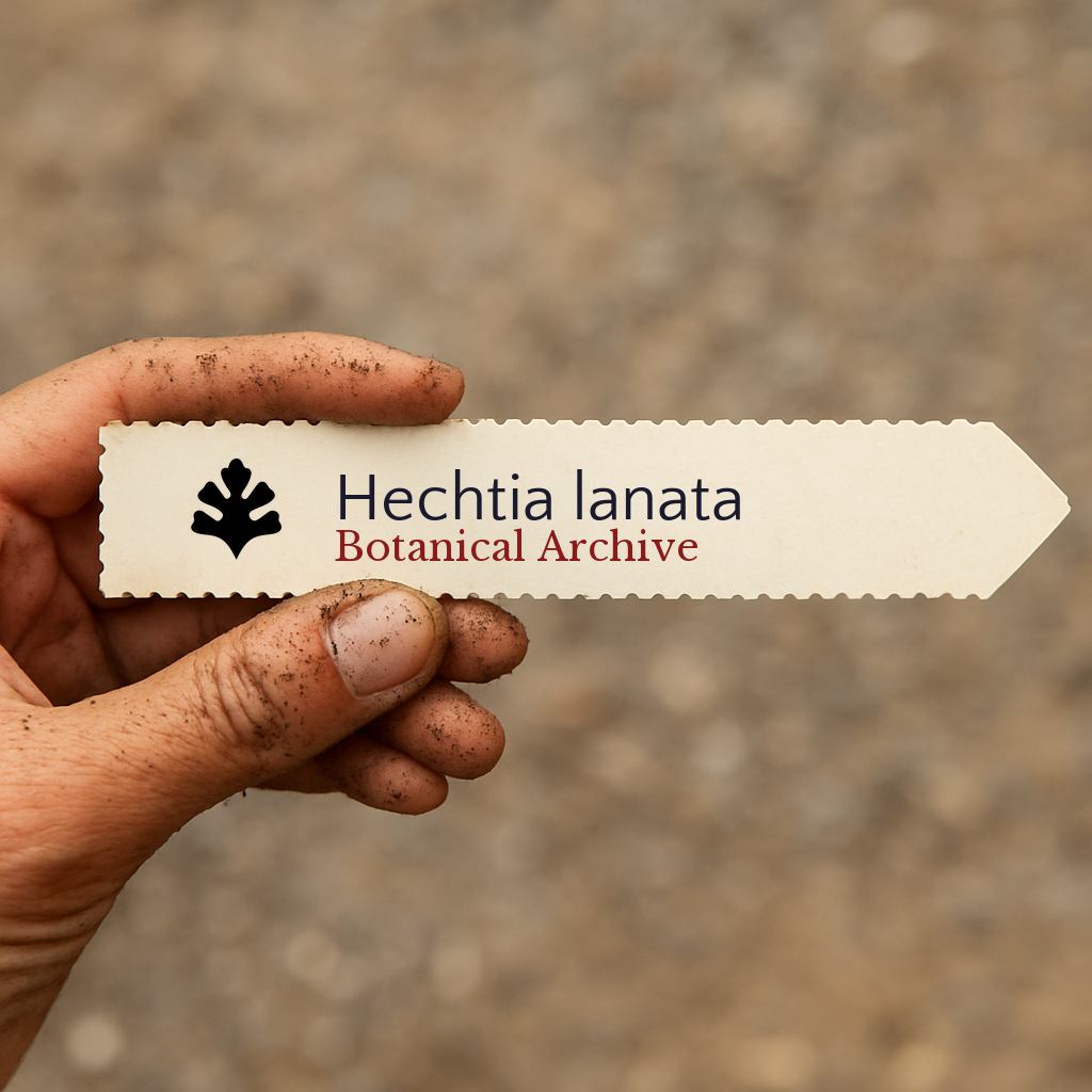 Printed plant label for Hechtia lanata held by dirty hand against blurred background