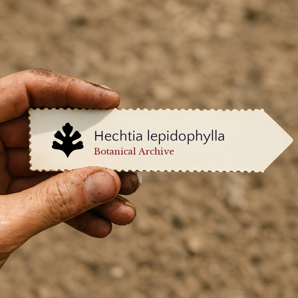 Printed plant label for Hechtia lepidophylla with botanical archive logo held by dirty hand