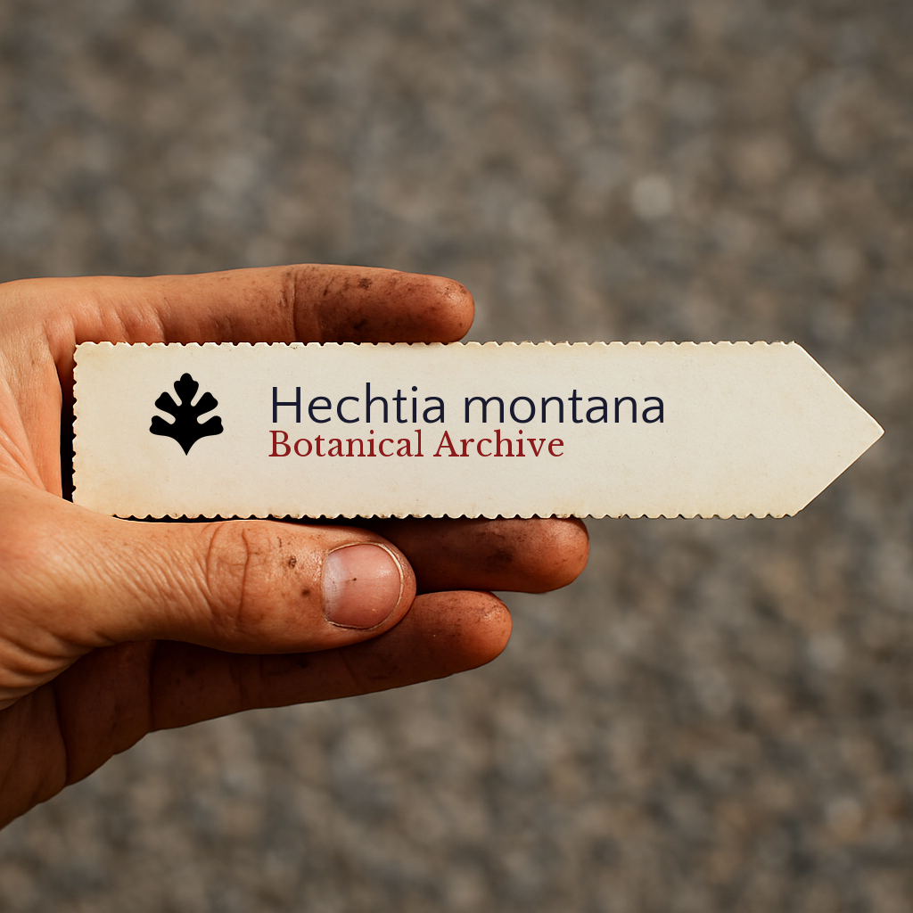 Printed plant label for Hechtia montana held by dirty hand on blurred background
