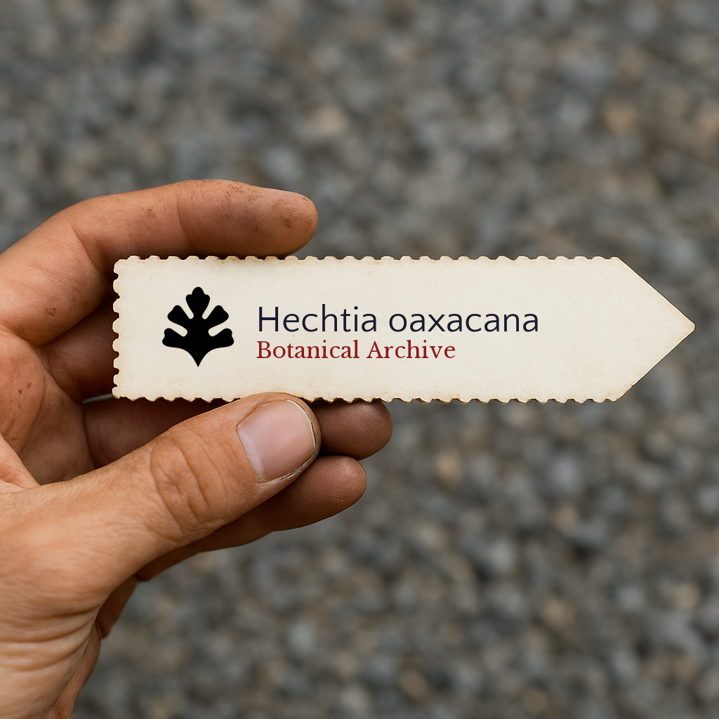Etichetta per pianta stampata per Hechtia oaxacana con il logo di Botanical Archive tenuta a mano