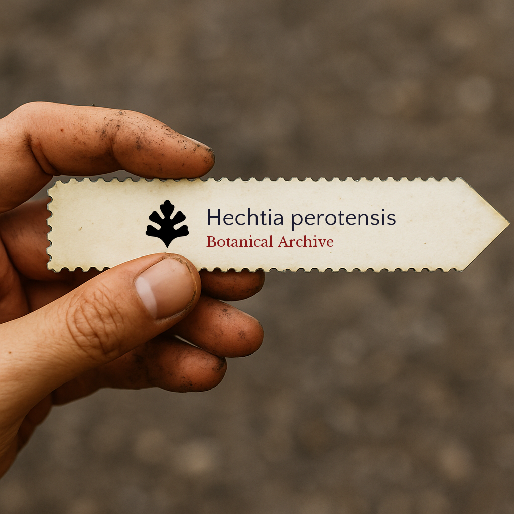 Printed plant label for Hechtia perotensis held by dirty hand outdoors
