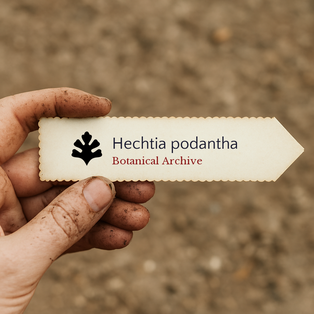 Printed plant label for Hechtia podantha held by dirty hand with soil background
