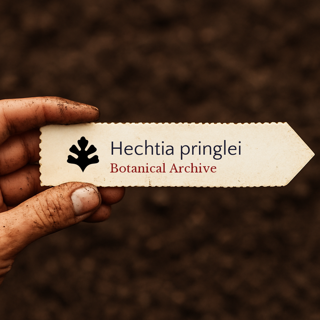 Etichetta per pianta stampata per Hechtia pringlei tenuta da mano sporca su sfondo di terreno