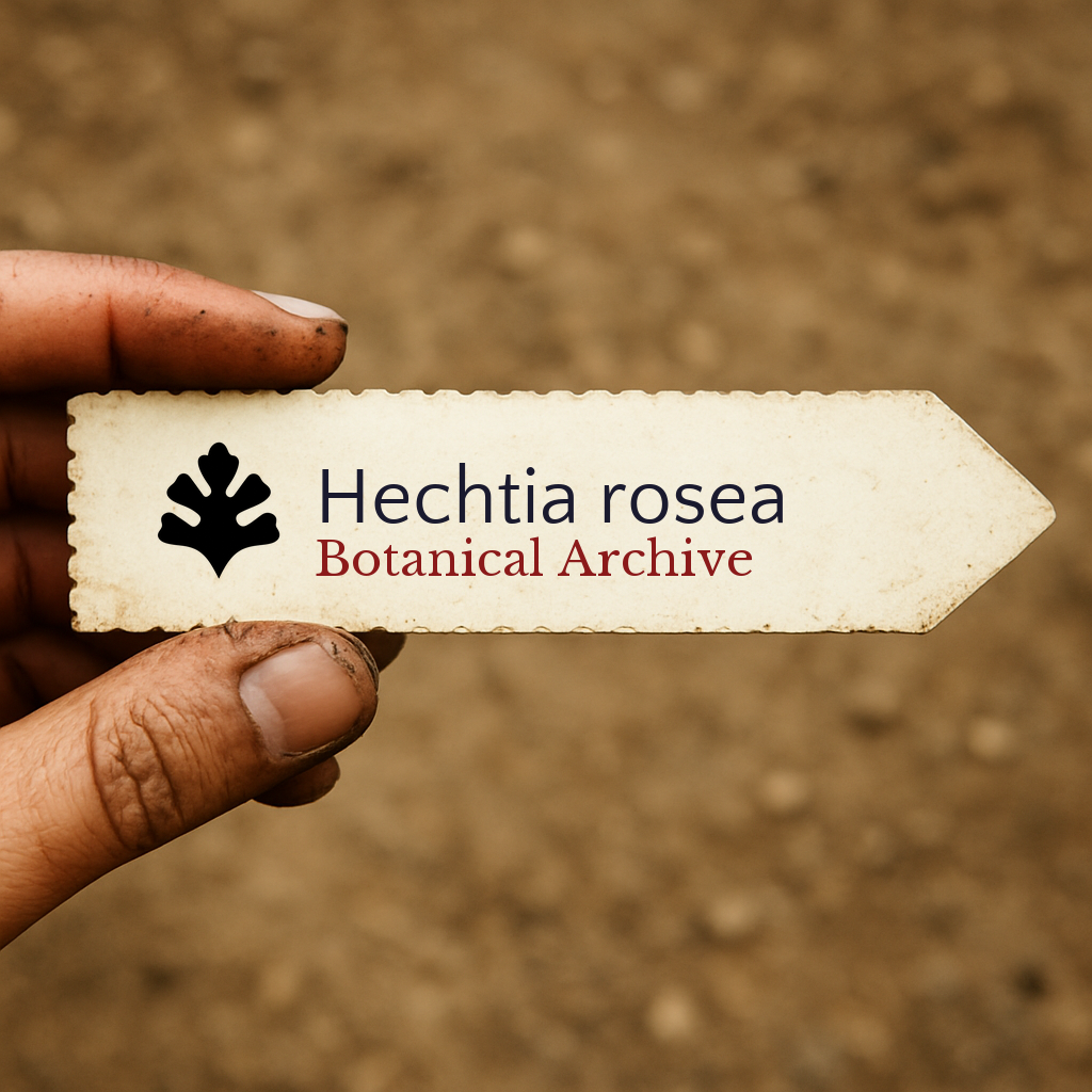 Etichetta per pianta stampata per Hechtia rosea tenuta a mano con sfondo di terra