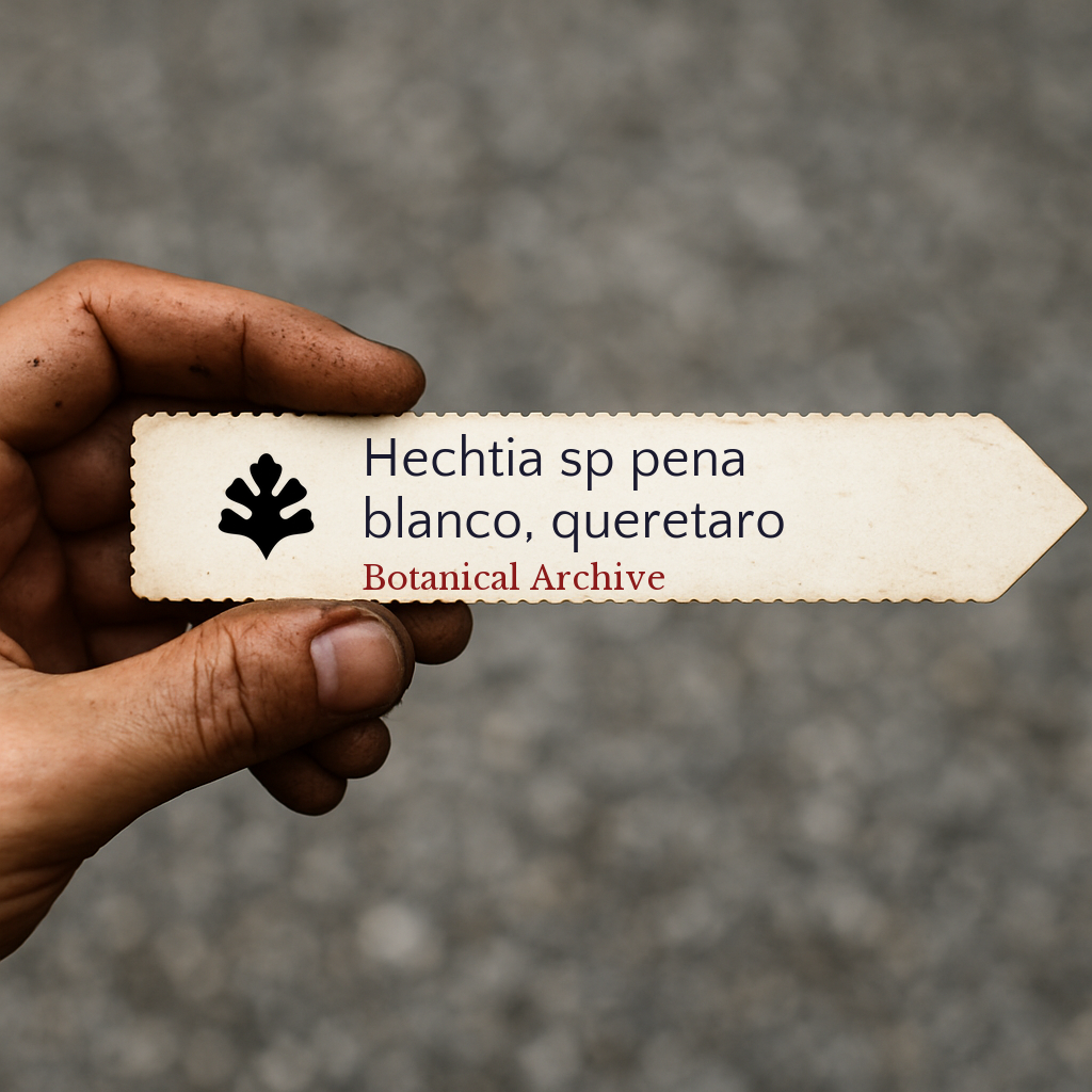 Printed plant label for Hechtia sp pena with botanical archive logo held by hand