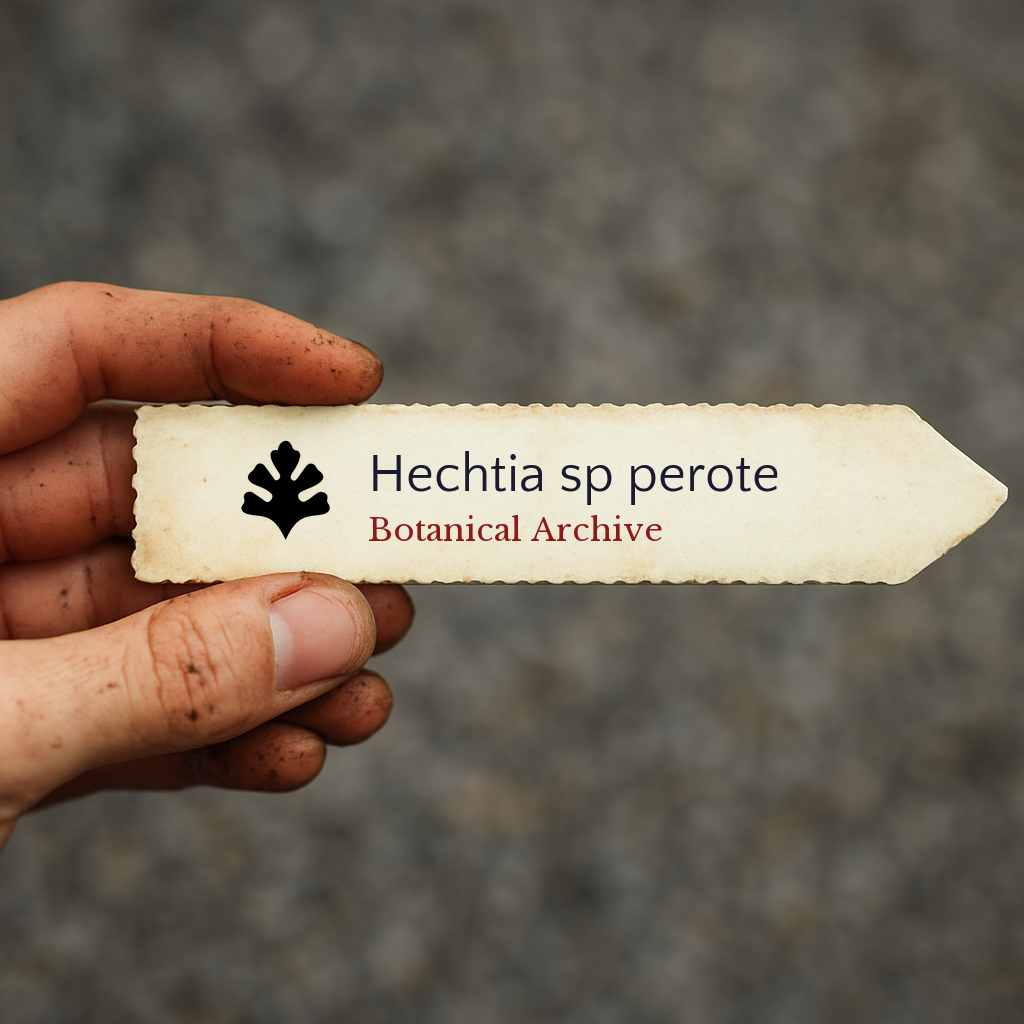 Printed plant label for Hechtia sp perote held by dirty hand outdoors