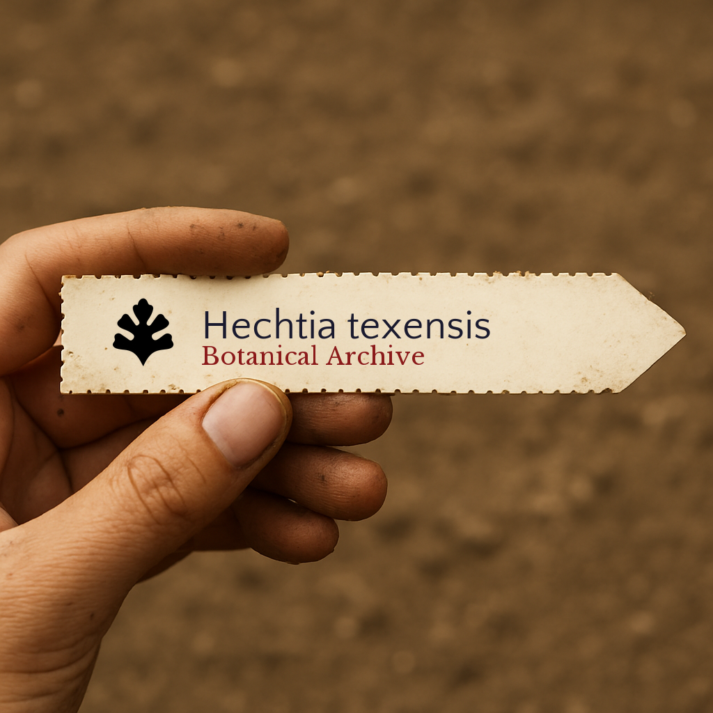Printed plant label for Hechtia texensis held by hand with soil background