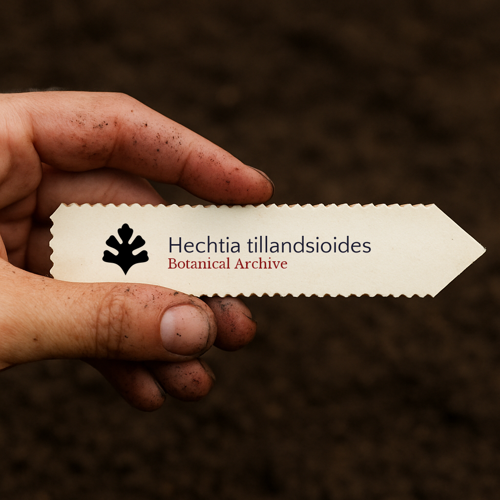 Printed plant label for Hechtia tillandsioides held over soil background