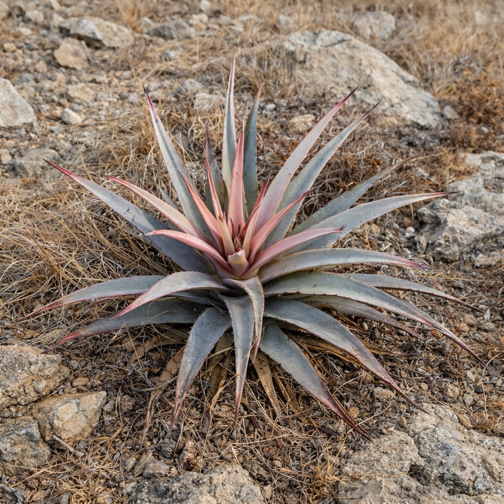 Hechtia sp succulent rosette with gray and pink pointed leaves in rocky soil
