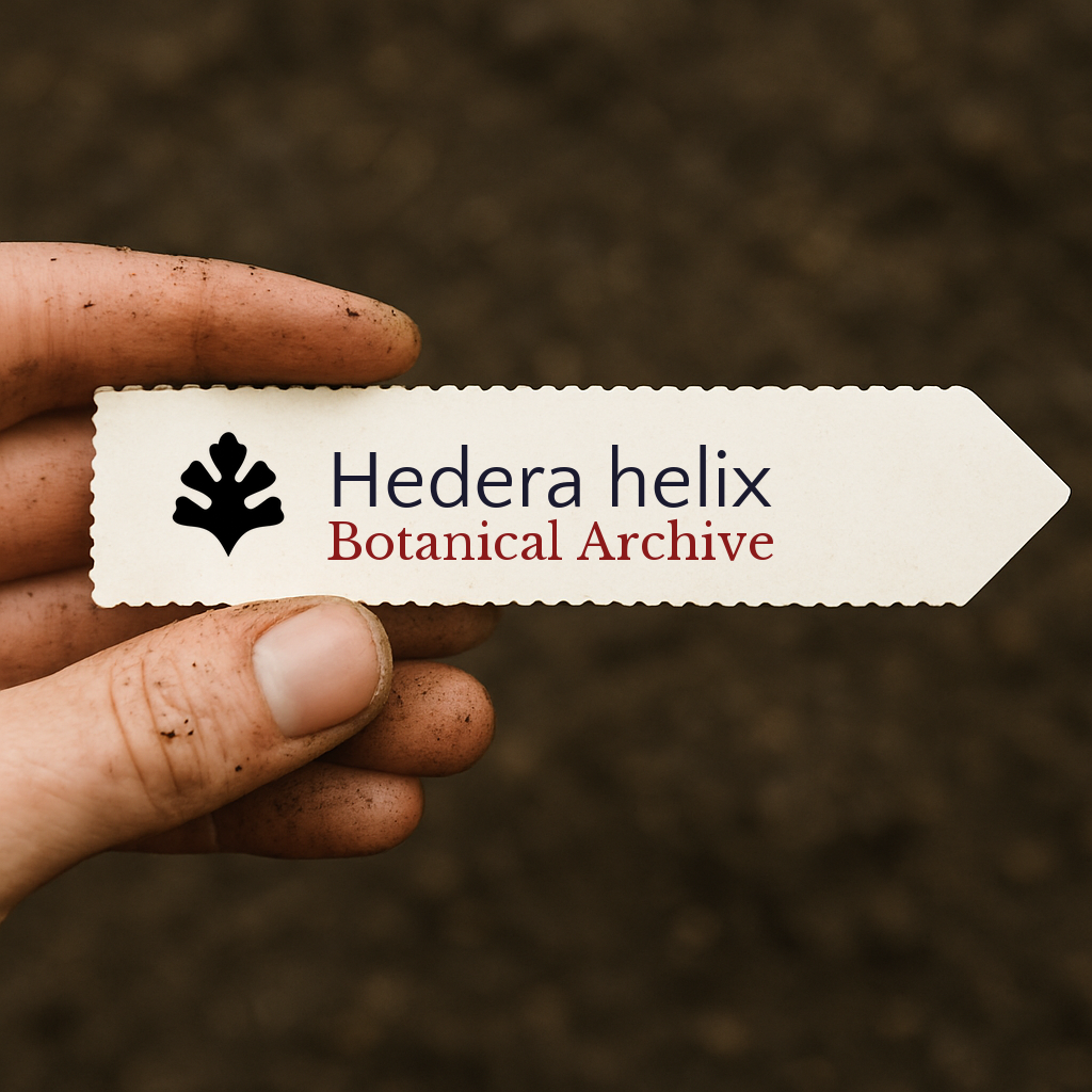 Etichetta stampata per la pianta Hedera helix tenuta da una mano sporca su sfondo di terreno