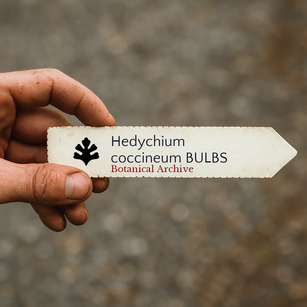 Etichetta per pianta stampata di Hedychium coccineum con il logo di Botanical Archive tenuta a mano