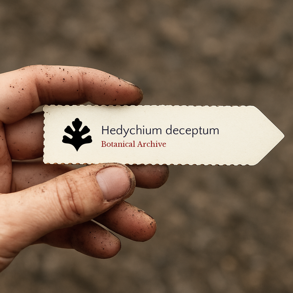 Etichetta stampata per pianta Hedychium deceptum tenuta da mano sporca su sfondo di terreno