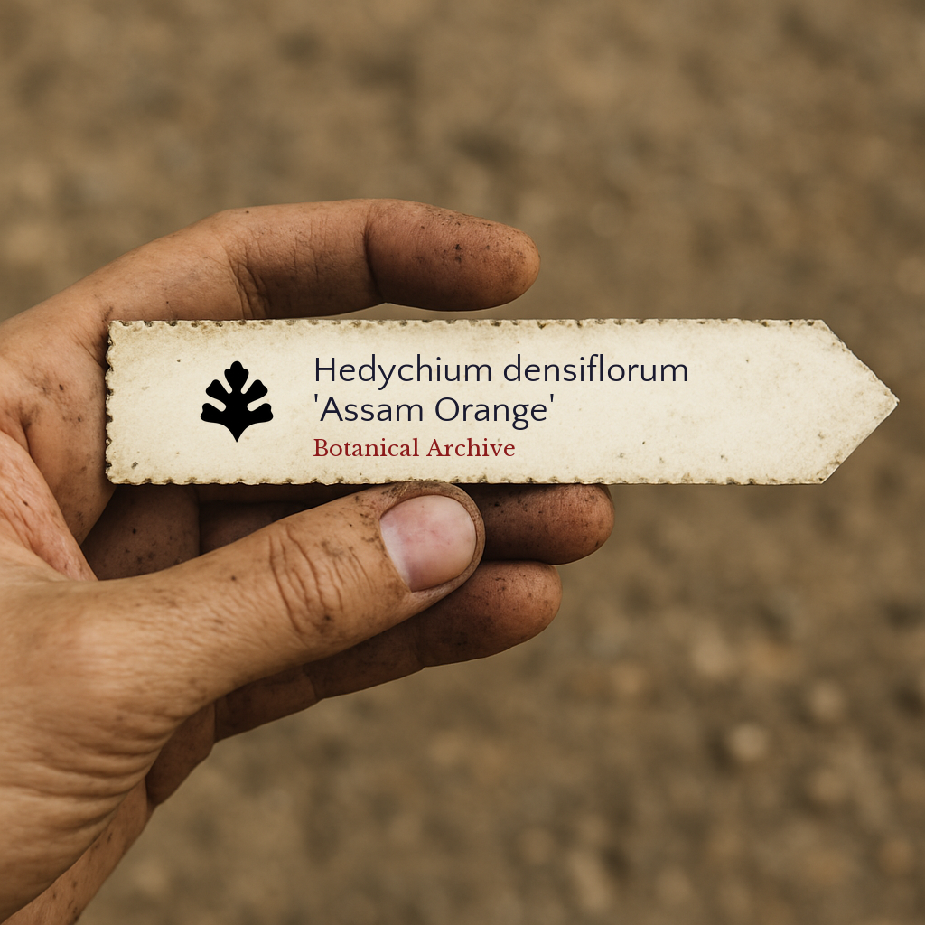 Printed plant label for Hedychium densiflorum 'Assam Orange' held in dirty hand outdoors