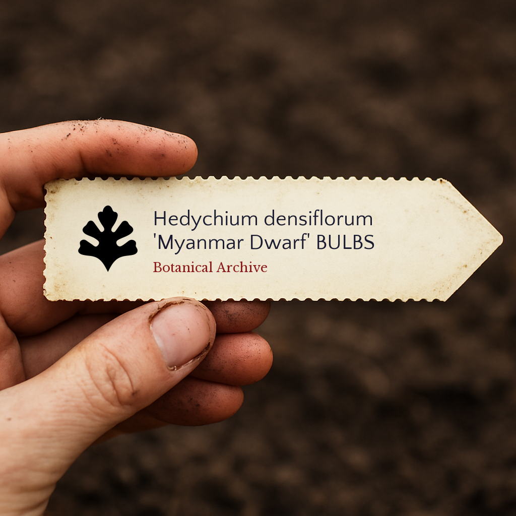 Printed plant label for Hedychium densiflorum 'Myanmar Dwarf' bulbs held over soil background