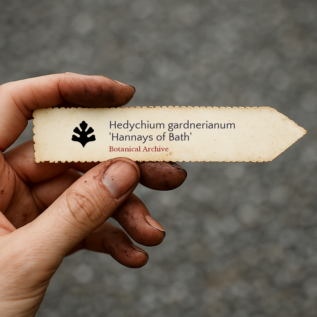 Printed plant label for Hedychium gardnerianum 'Hannays of Bath' held by gardener's dirty hand