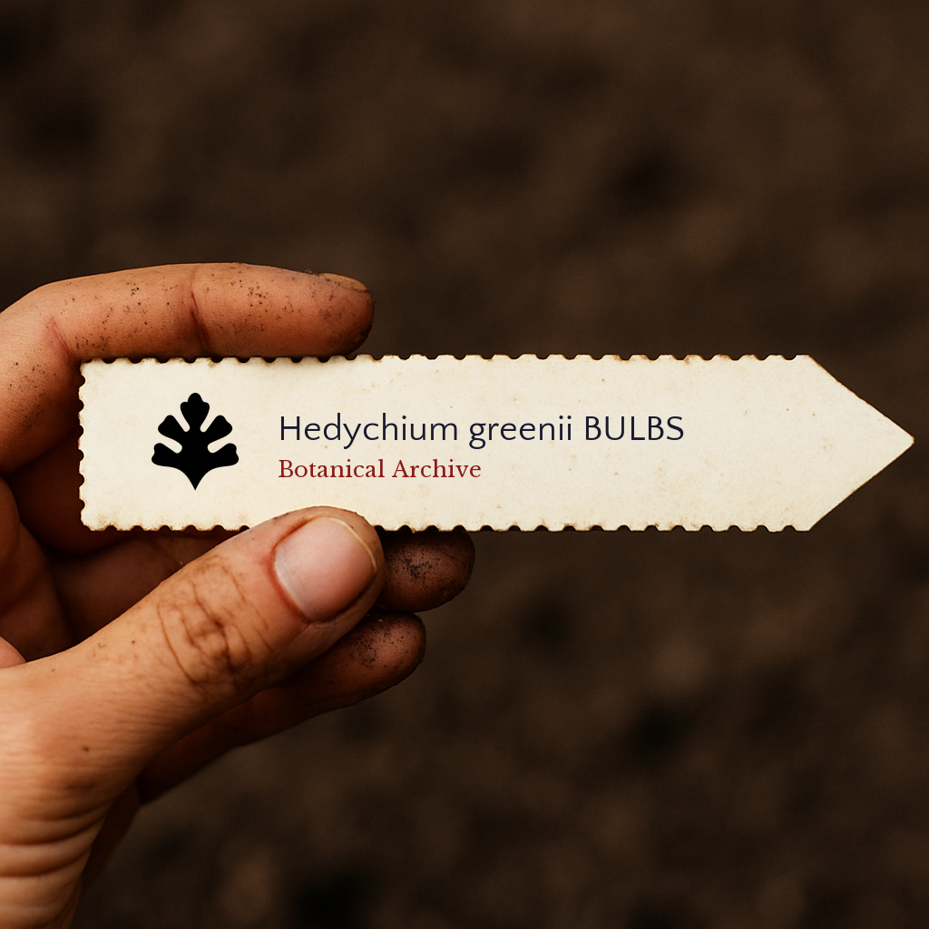 Etichetta stampata per pianta di Hedychium greenii tenuta a mano su sfondo di terreno