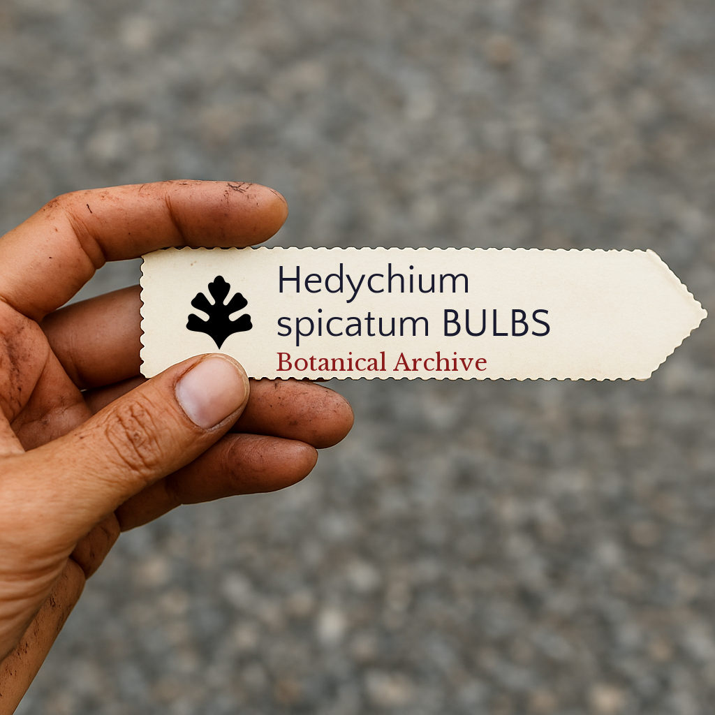 Printed plant label for Hedychium spicatum bulbs held by hand with dirt background