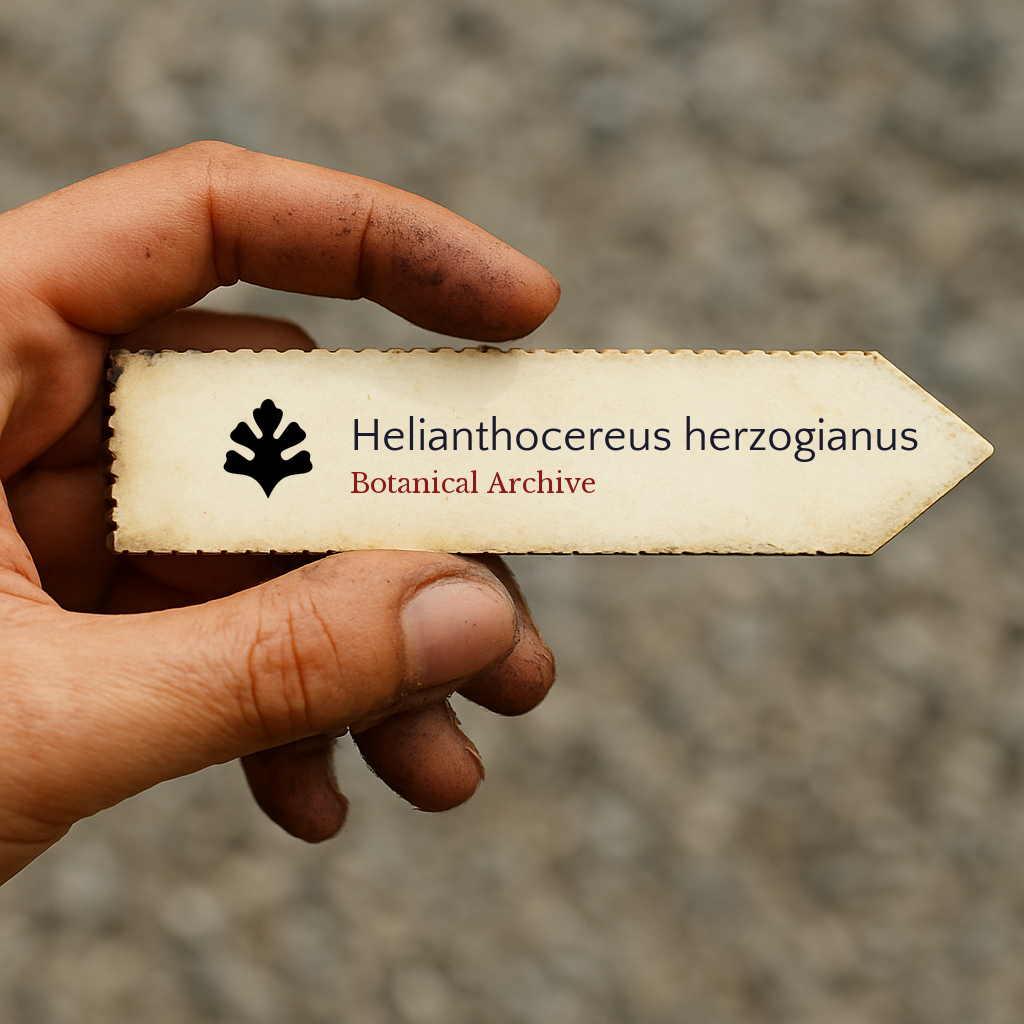 Printed plant label for Helianthocereus herzogianus held by hand with dirt background