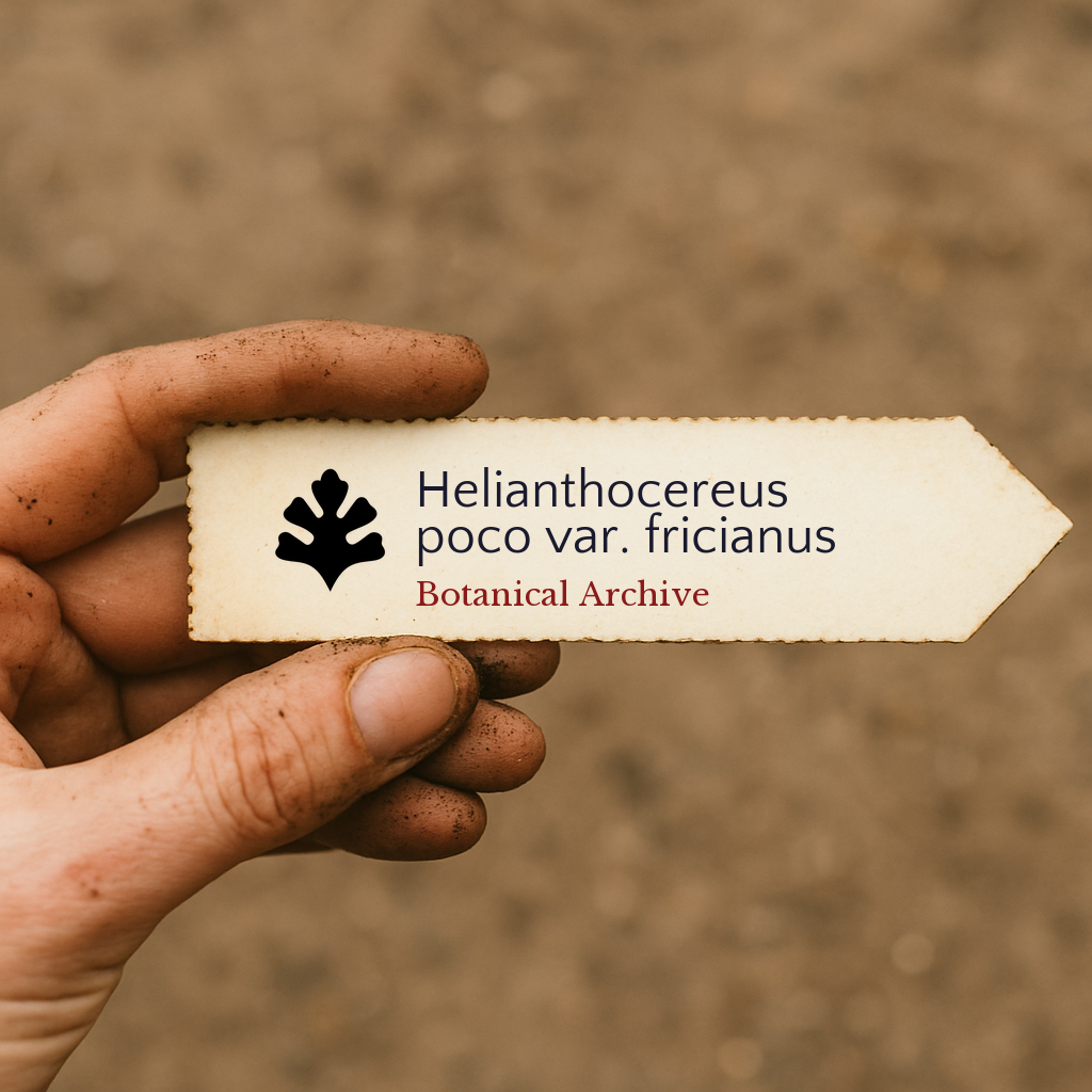 Printed plant label for Helianthocereus poco var. fricianus held in dirty hand outdoors